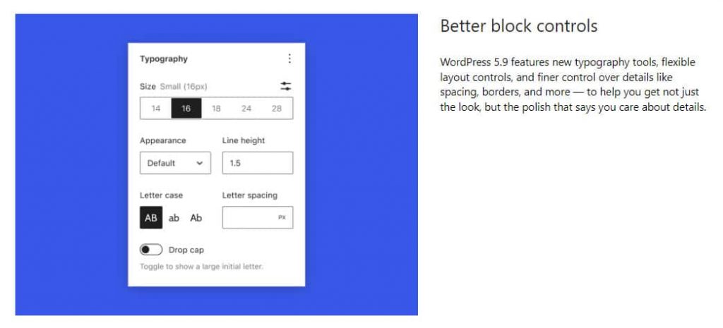 What's New In WordPress 5.9 better block controls section in About page