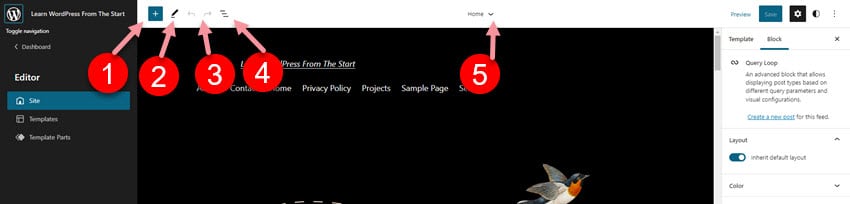 What's New In WordPress 5.9 Full Site Editing What's New in WordPress version 5.9 Full Site Editing top toolbar left side